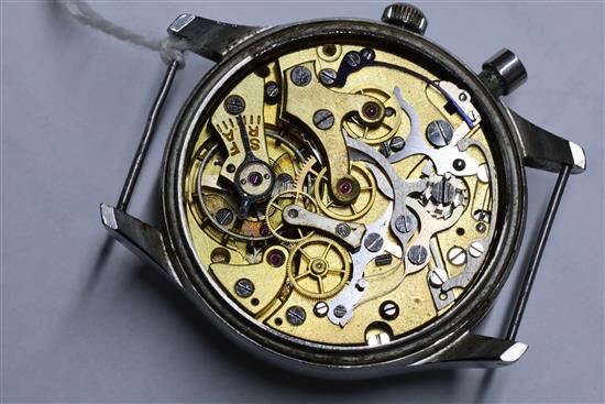 A gentlemans 1940s/1950s? stainless steel Lemania British military issue Royal Navy single button chronograph watch.